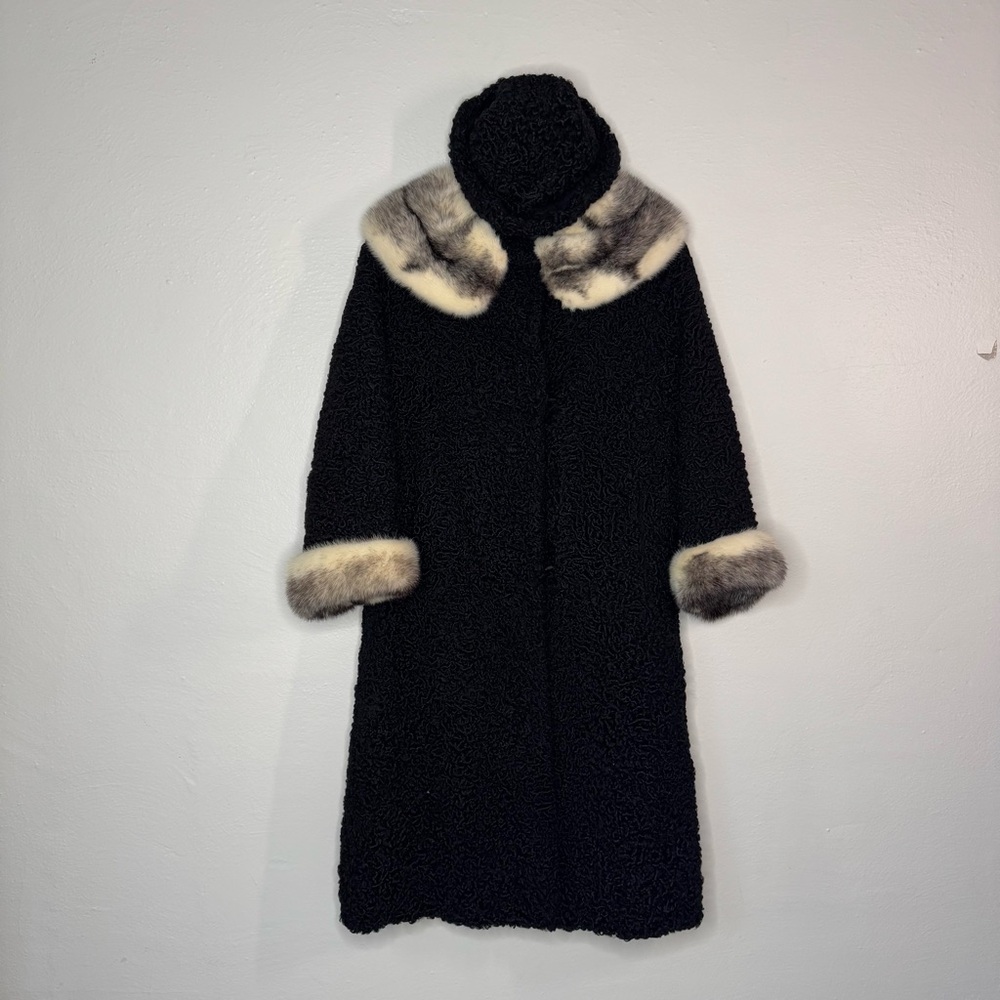 Vintage 1950s Persian Lamb Wool Coat and Hat with Mink Fur Collar and Cuffs